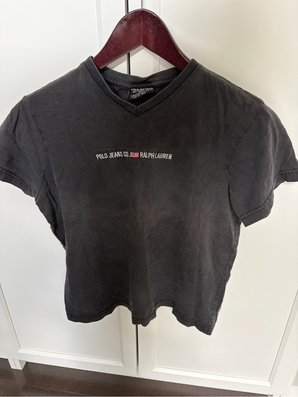 Ralph Lauren Black V‑Neck Polo Jeans Co. Logo Tee with Flag